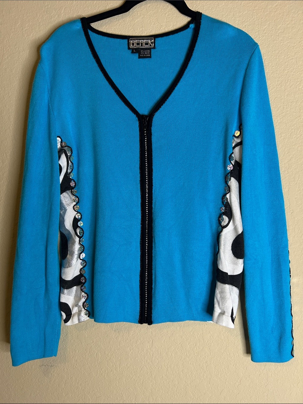Berek Bright Turquoise V-Neck Cardigan with Black Trim Size L